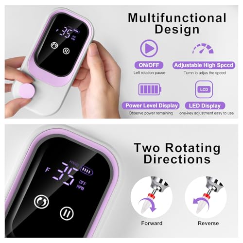 LIMEGIRL Electric File Nail Drill Professional 35000RPM Purple Nail File with Rechargeable Base & Bits Nail Drill Bit Nail Files and Buffers for Acrylic Nail Remove Nail Tech Must Haves for Salon Home