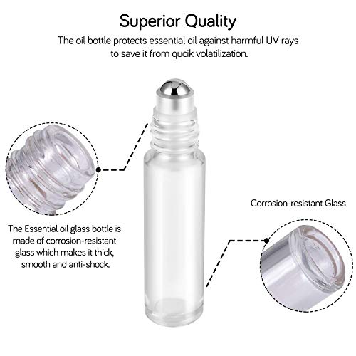 PrettyCare 60 Pack, 10 ml Essential Oil Roller Bottles with Stainless Steel Roller Ball - Bulk Refillable Leak-proof Empty Thick Clear Glass Roll on Bottles with Metal Caps for Travel, Perfume