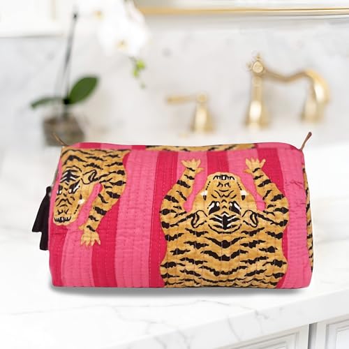 Pink Tiger Block Print Makeup Bag & Toiletry Pouch – Quilted Cotton Travel Organizer for Women