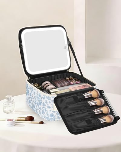Small Floral Print Makeup Bag with LED Mirror - Travel Cosmetic Organizer for Women & Girls