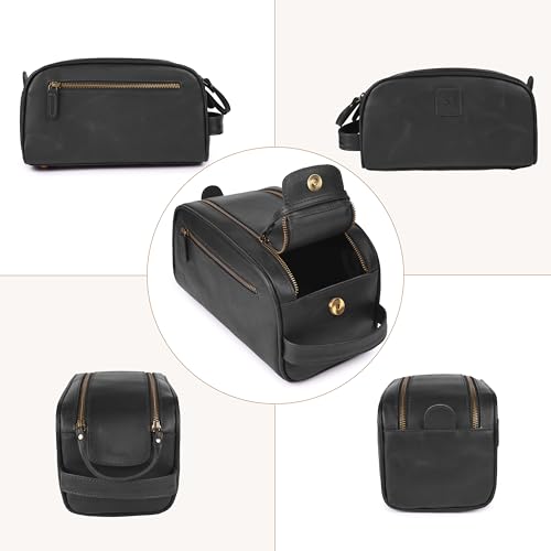 Leather & Latch Full Grain Leather Toiletry Bag Black Water-Resistant Travel Organizer