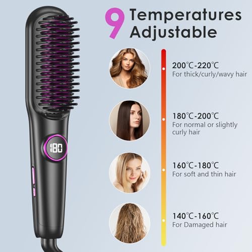 Unipampa Black Hair Straightener Brush with Ionic & Fast Heating, 9 Temp Settings