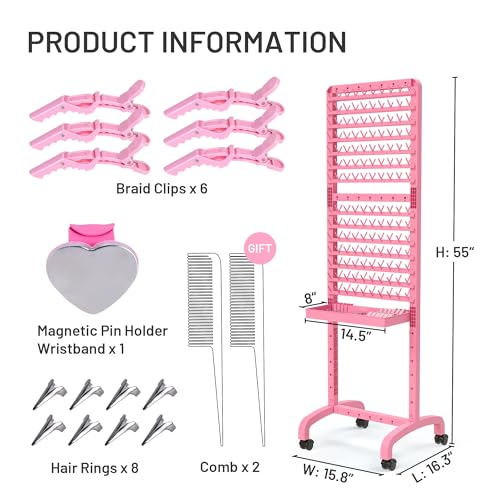 Yumkfoi Pink Adjustable 280 Peg Braiding Rack with Tray & Tools for Hair Styling