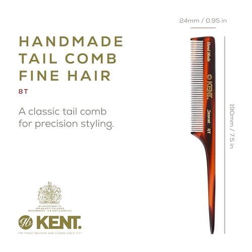 Kent 8-Inch Rat Tail Comb Pack of 3 for Hair Styling & Sectioning - Handmade Fine Tooth Teasing Comb