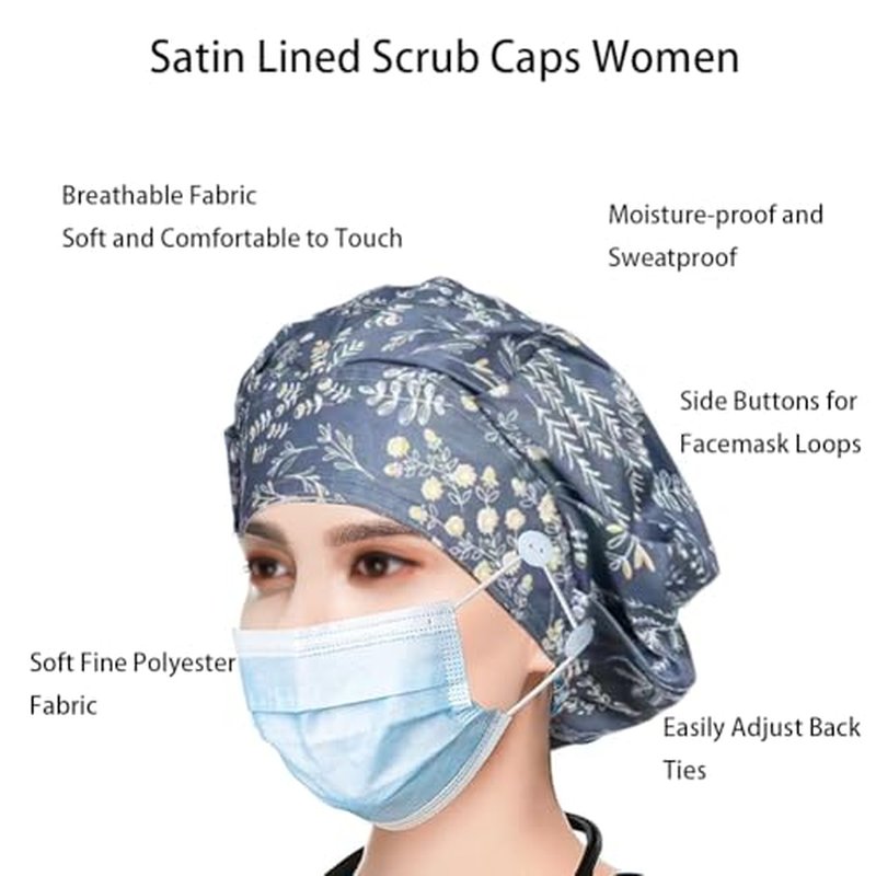 6PCS Bouffant Scrub Caps Women, Satin Lined Scrub Caps Women, Adjustable Surgical Cap for Womens, Nurse Cap with Button and Sweatband, Unisex Scrub Hats, One Size Multi Color