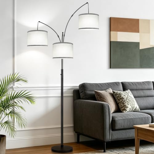 Dimmable Arc Floor Lamp with Grey Linen Shades - Matte Black Metal Finish, 3 Lights, Tall Standing Tree Design