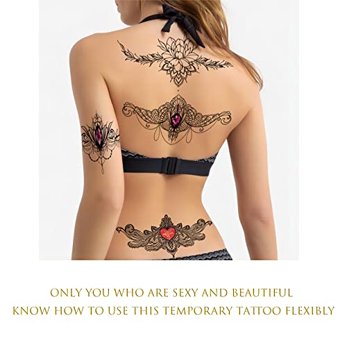 Roarhowl Lace Tattoos, Large Sexy Temporary Tattoo Set, Temporary Tattoos For Women, Belly Back Waist Thigh Body Art Fake Tattoos (Set 2)