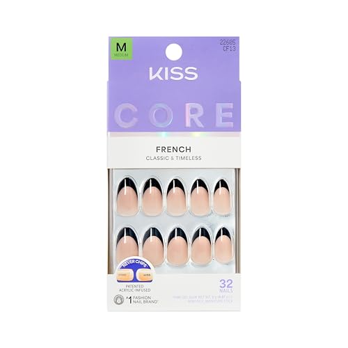 KISS CORE French French Tip Press On Nails, Full of Fun, Black, Medium, 32 Count