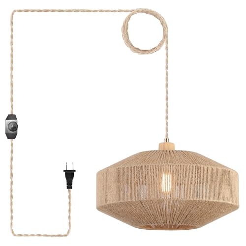 Plug-in Coastal Woven Pendant Light with 14ft Handmade Rope Cord - Dimmable Farmhouse Hanging Lamp for Kitchen Island & Living Room - Variation 2