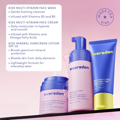 Evereden Daily Routine Set & Non-Toxic Lip Gloss: Clean & Vegan Skin Care for Kids - Nourishing Tween Skincare with Multi-Vitamin Face Wash, Face Cream, SPF 30 Sunscreen & Tinted Lip Gloss