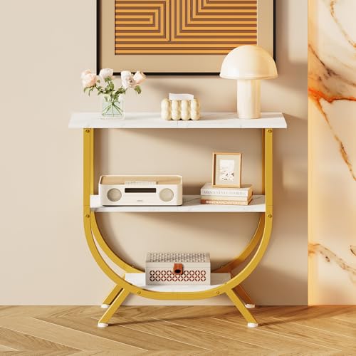 3-Tier Console Table with Storage - Industrial Entryway Sofa Table - Gold & White