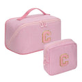 Easter Basket Gifts for Girls Women - Travel Makeup Bag for Women, 2Pcs Portable Personalized Initial Makeup Organizer Bag, Open Flat Large Cosmetic Bag With Travel Essential Pouch (Pink Letter C)