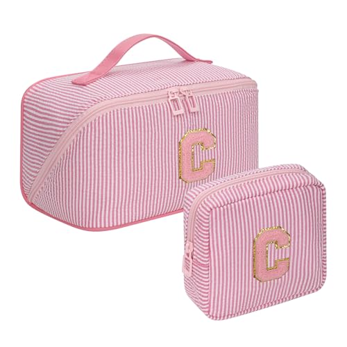 Easter Basket Gifts for Girls Women - Travel Makeup Bag for Women, 2Pcs Portable Personalized Initial Makeup Organizer Bag, Open Flat Large Cosmetic Bag With Travel Essential Pouch (Pink Letter C)