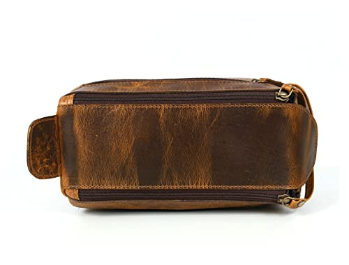 Leather Toiletry Bag for Men 9 Inch Raven Tan Travel Organizer Waterproof Lining