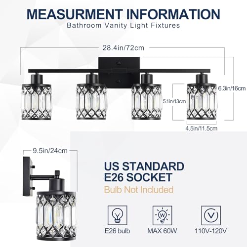 Black 4-Light Modern Crystal Bathroom Vanity Wall Light Fixture - ETL Certified