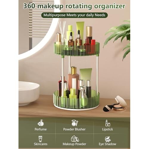 Makeup Organizer,360¡Æ Rotating Makeup Organizer,2-Tier Round Rotating Skincare Organizer Countertop,Fits Bedroom, Bathroom, Vanity Shelf Countertop(Green)