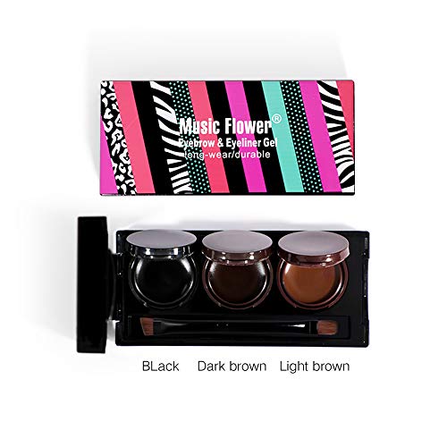 Music Flower 3 in 1 Eyebrow Gel and Eyeliner Waterproof Smudge-proof Long Wear Black+Brown with Brush