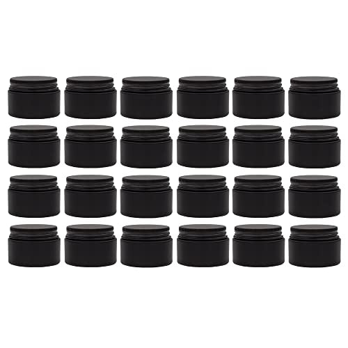 Darware 1oz Glass Balm Jars (24-Pack, Black); 30-Milliliter Little Cosmetic Jars with Lined Black Metal Lids