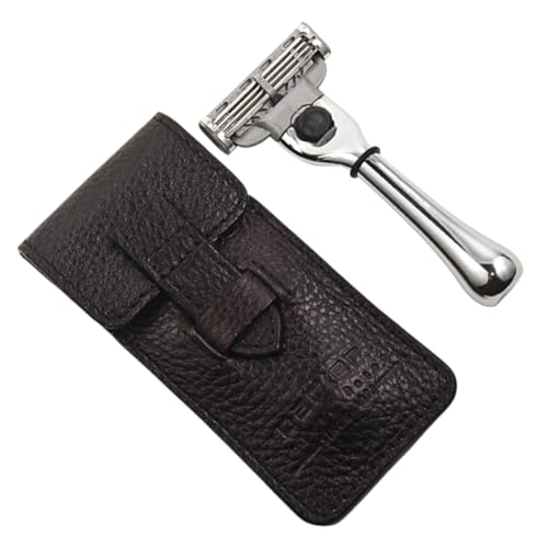 Travel Razor Compatible with Gillette Mach3 - Brass Handle & Leather Case