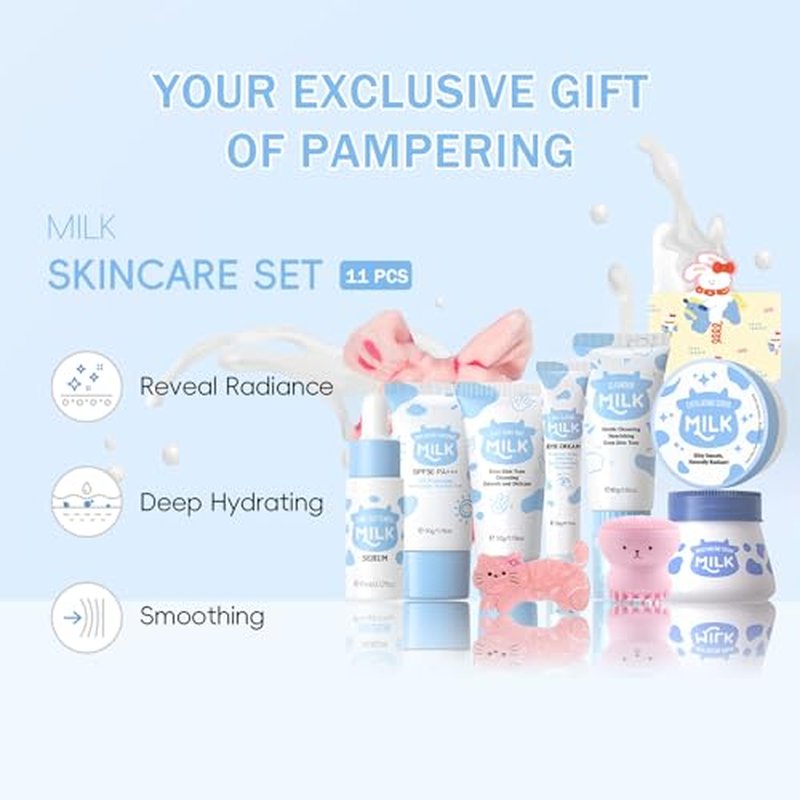 11 In 1 Milk Skincare Set for Women & Teens, Travel Skincare Set, Skincare Kits Milk Girls Gifts, Skin Care for Teens 10-12, Deep Moisturizing & Gentle Milk Teen Skin Care Kit for Women, Girls