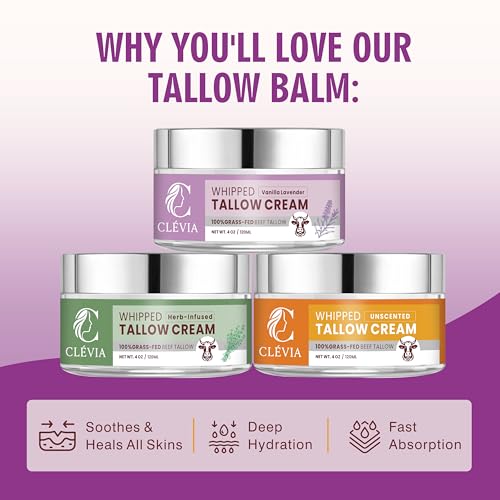 100% Grass-Fed Whipped Tallow Cream - 4 OZ Anti-Wrinkle Face+Body Balm ? Organic Beef Tallow with Jojoba Oil ? Deep Hydration for Dry, Sensitive & Irritated Skin | Herb-Infused Unscented