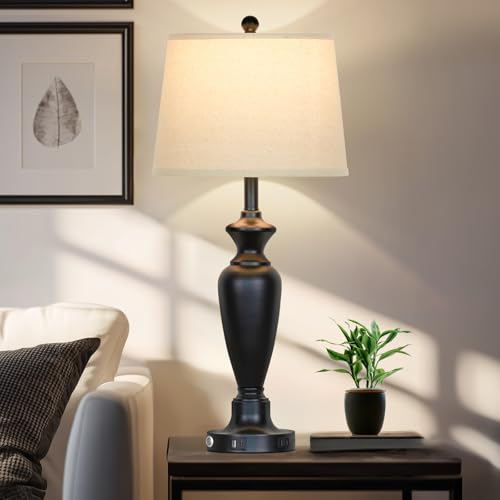 30-Inch Tall Set of 2 Black Touch Control Bedside Lamps with USB Ports & Outlets
