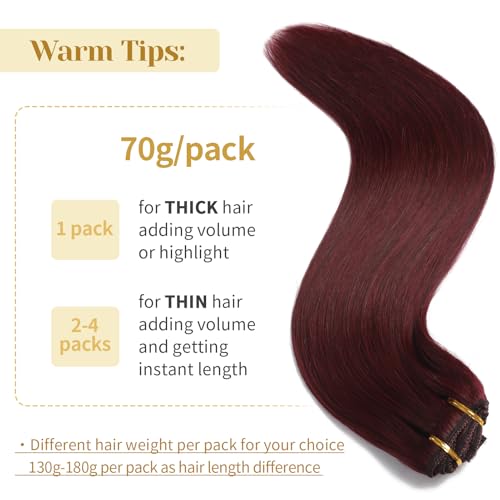 Clip in Hair Extensions Real Human Hair Burgundy Red 18 Inch 7pcs 70g/Pack - Soft, Straight, Easy to Use for Women - Variation of THIS listing