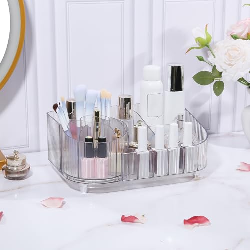 DASITON Clear Rotating Makeup Organizer with Multi-Compartment & Brush Holder