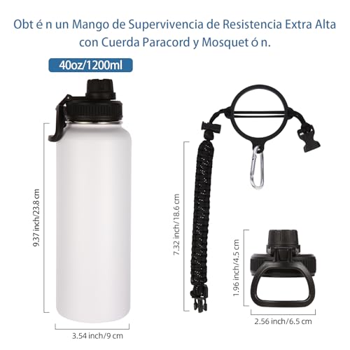 Volhoply 8 Pack Insulated Water Bottles 40oz Stainless Steel with Paracord Handle - White
