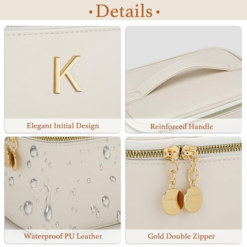 Beige Personalized Initial Travel Makeup Toiletry Bag Gifts for Women - K