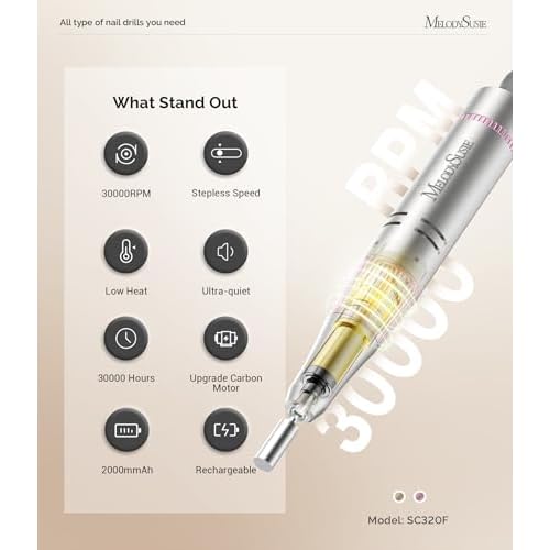 MelodySusie Portable Nail Drill 30000 RPM with Ceramic Chamfer Flat Top Large Barrel Nail Drill Bits