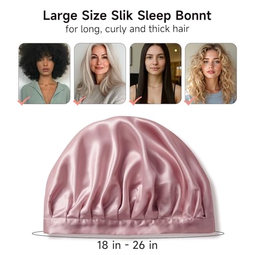 Kaome Pink 100% Mulberry Silk Sleep Bonnet for Women, Large Double Layer
