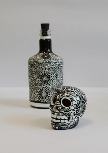Black Tequila Decanter Set with Skull Shot Glasses and Mexican Sombrero - Hand-Painted Bar Decor
