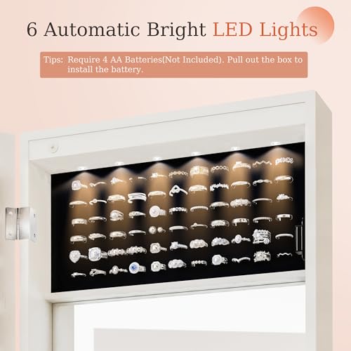 White Lockable Jewelry Cabinet with LED Lights Wall Mount Mirror
