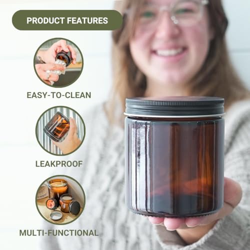 Glass Amber 16oz Jar - 12 Packs, Empty Round Jars For Beauty Products, Lotion, and Powders - Black Lid - Small Candle Jars