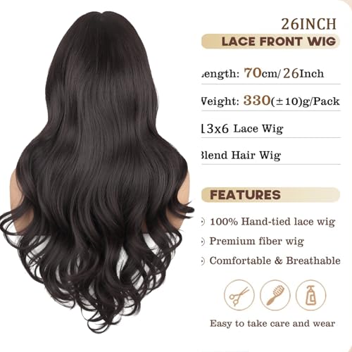 20 Inch Synthetic Lace Front Wig for Black Women - Body Wave, Natural Black, Pre Plucked, Long Straight, Layered, Variation of Natual Black-BW