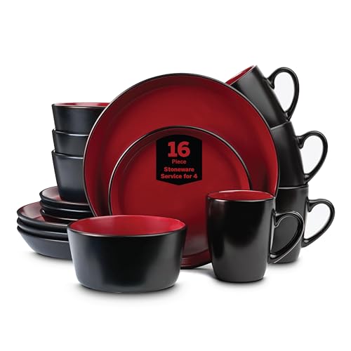 Stoneware Dinnerware Set for 4 - 16 Pieces, Red & Black, Modern Design
