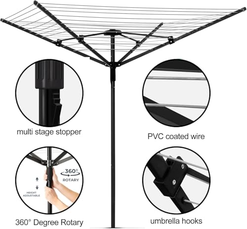 Heavy Duty Outdoor Umbrella Clothesline with 12 Lines & Adjustable Height