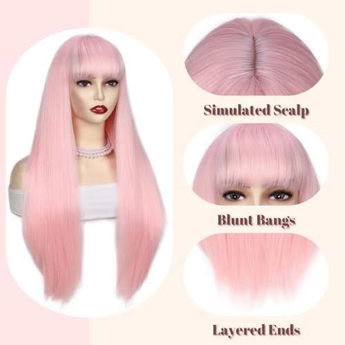 FANCEE Pastel Pink Wig with Bangs - 26 Inch Straight Synthetic Cosplay Hair