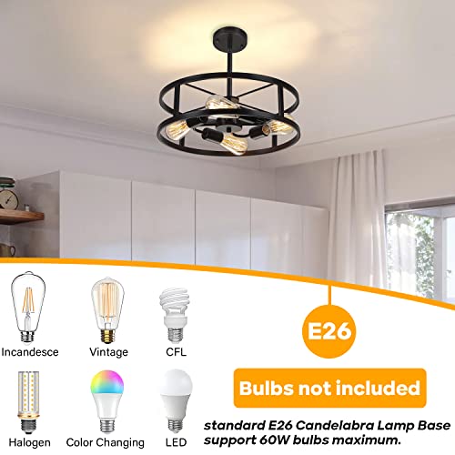 Black Semi Flush Mount Ceiling Light with 4 Lights - Adjustable Farmhouse Industrial Fixture for Kitchen & Dining Room