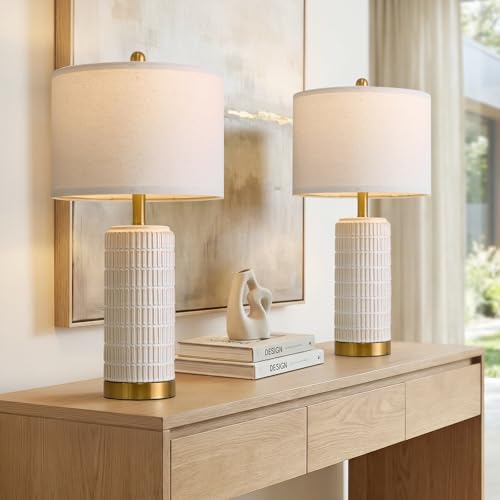 PoKat 25'' Beige Farmhouse Table Lamps Set of 2 with Gold Bases for Bedroom Living Room