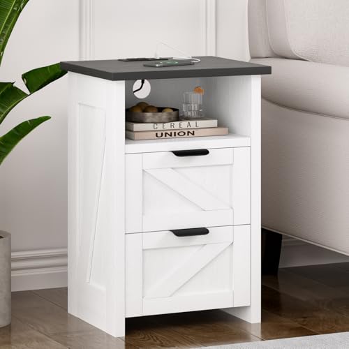 White Farmhouse Nightstand Set of 2 with Charging Station & Storage
