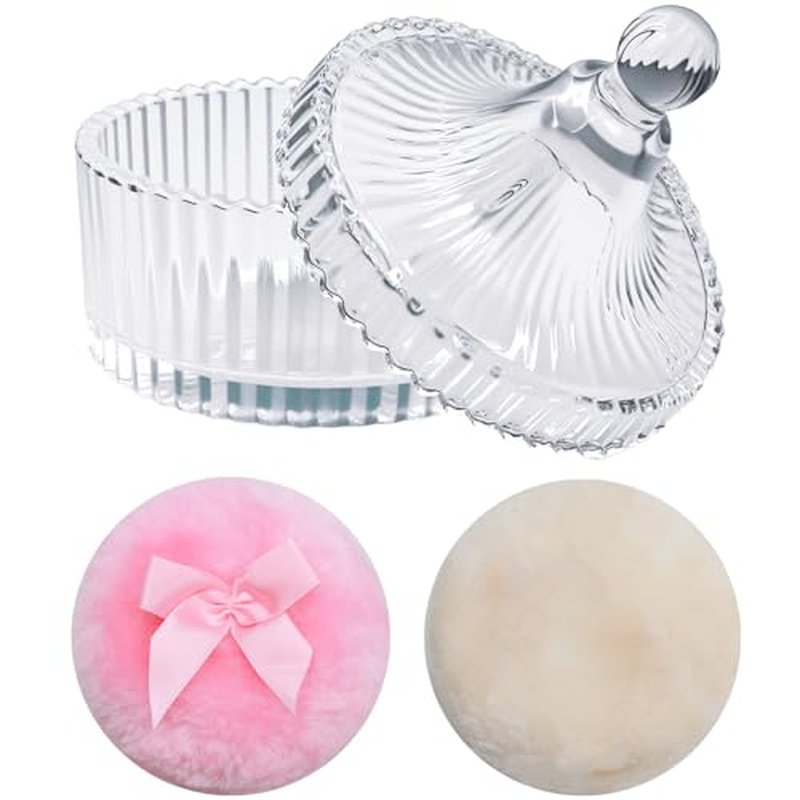 Large Body Powder Puff and Container Set - 2 Soft Washable Velour Puffs with Crystal Glass Storage Box, Reusable for Face Body Shimmer Powder, Dry Wet Makeup Application (Transparent)