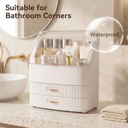 Makeup Organizer Countertop with Lid and 2 Drawers - White, Large Capacity