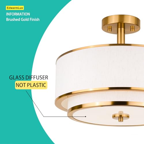 Edwarmlux Brushed Gold 3-Light Semi Flush Mount Ceiling Light with White Fabric Shade