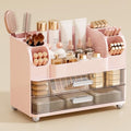 Makeup Organizer for Vanity with 2 Large Drawers, Cosmetic Display Case with Brush Holders, Easy to Storage for Bathroom Countertop Skincare, Perfume, Pink