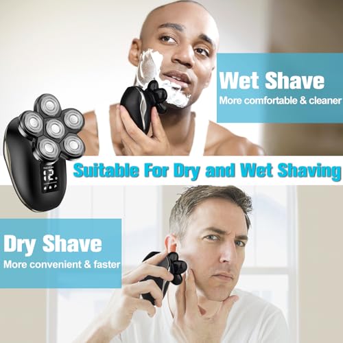 Silver 6-in-1 Electric Head Shaver for Men Waterproof Rotary Razor Kit