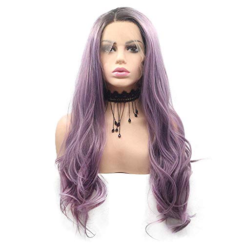 Ombre Purple Lace Front Wigs for Women 24 Inch Wavy Synthetic Hair with Brown Roots