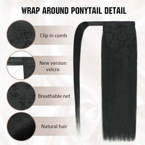 Natural Black 16 Inch Human Hair Ponytail Extension - Clip-In & Wrap Around US