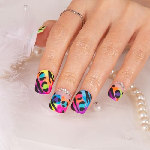 Lovful Illusion Press-On Nails - H123-L Square Short 0.8in, Reusable with Crystals